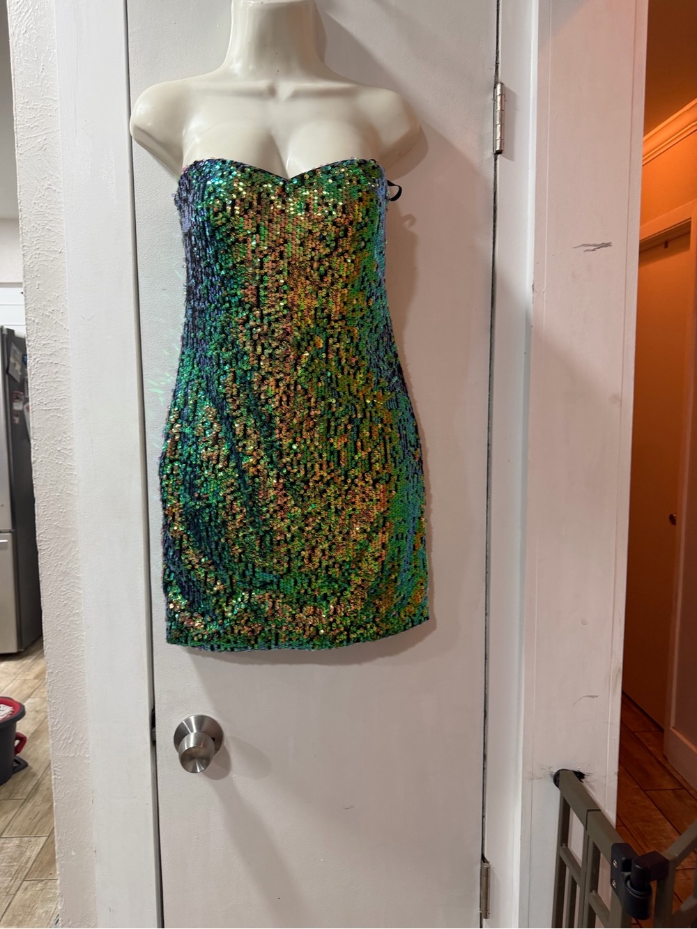 As U Wish Strapless Sequin Mini Dress in Iridescent Green Medium